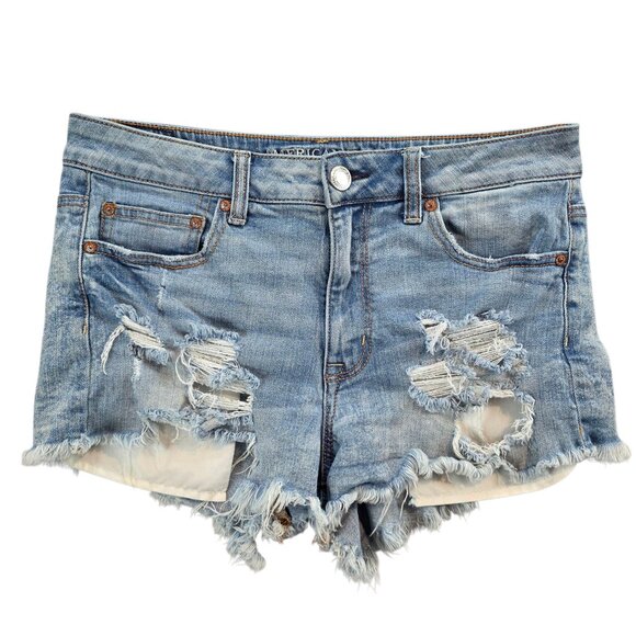 American Eagle Stretch High Rise Festival Denim Shorts Thrashed Distressed sz 10 - Picture 1 of 9